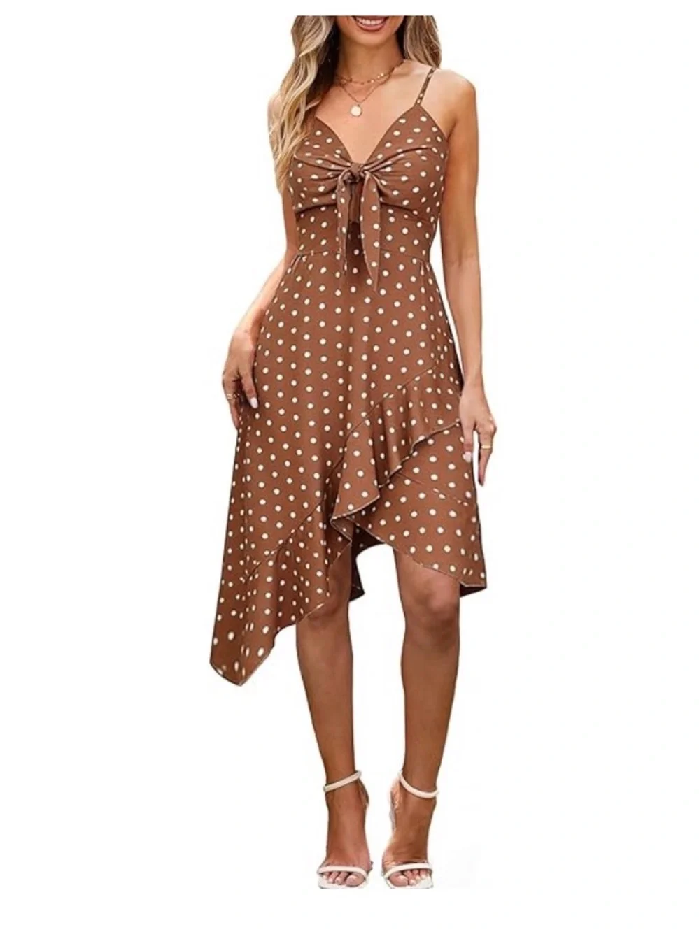 NWT Polka Dot Tie-Front Brown Sundress-S - Picture 3 of 16